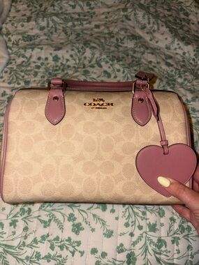 Coach Beige Canvas Rowan Medium with Pink Trim and Heart Charm